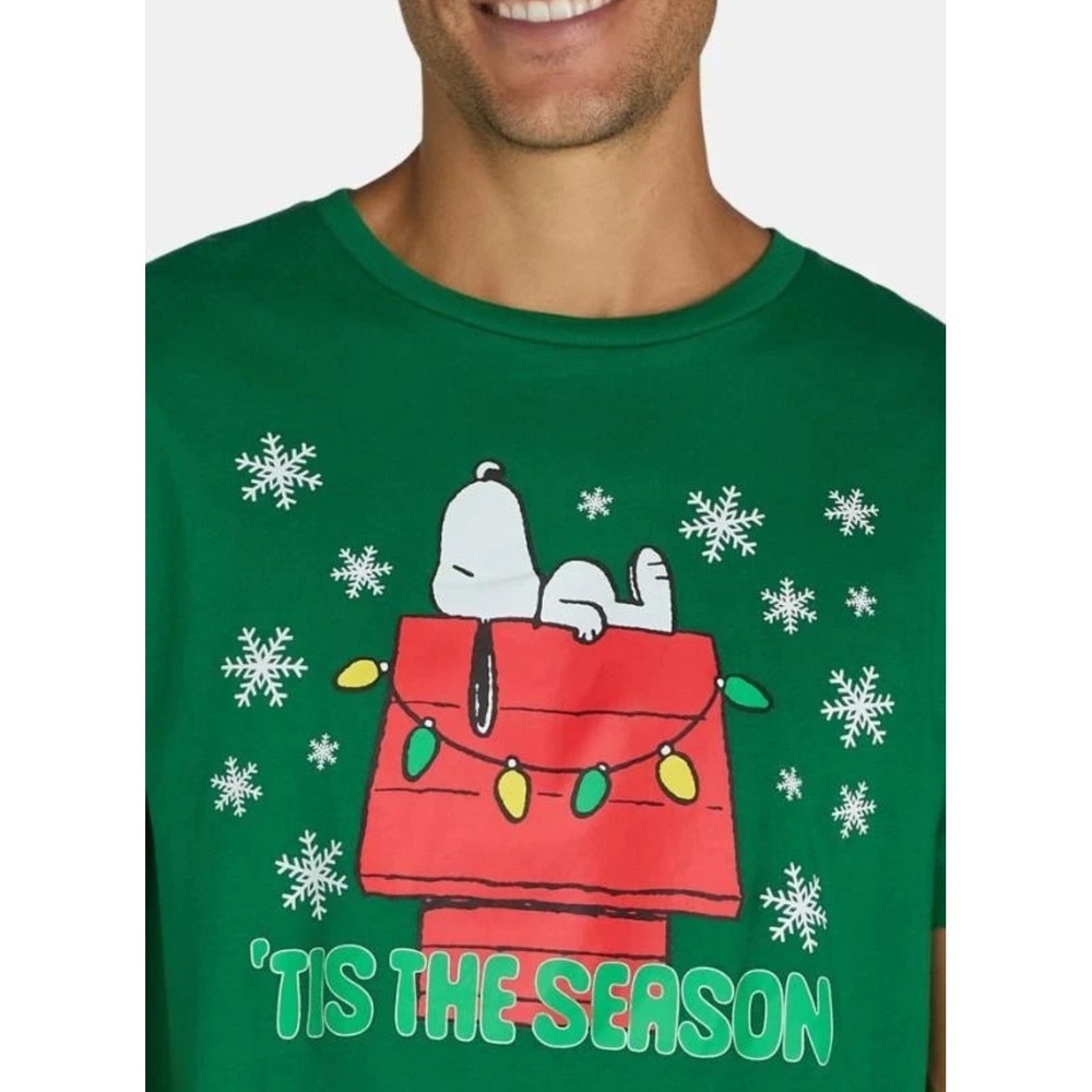 Peanuts Snoopy Christmas T-Shirt Mens 2XL Green Tis The Season Doghouse Graphic